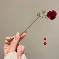 Elegant gold-tone rose hair pin with red velvet flower and hanging tassel beads - 34# Flocked Red Rose Double Tassel Style