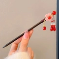 Elegant black wood hair pin with pink flower ornament and red teardrop tassel detail - Pink Flower with Red Pendant Style