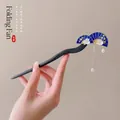 Chinese folding fan style wooden hair stick with blue enamel accents and pearl tassel - Folding Fan Pearl Tassel Style
