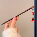 Classic wooden hair pin with red cracked beads and purple silk thread winding accents - Red Round Bead Tassel Style