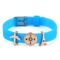 Adjustable 10mm blue silicone bracelet with rose gold airplane and Eiffel Tower charms - Plane Compass Tower Style(006)