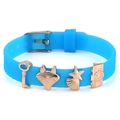 Blue 10mm silicone charm bracelet with rose gold fox and key charms for girls - Key Fox Shell Camera Style (007)
