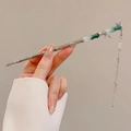 Bamboo-style silver hair stick with white and green jade-like accents and long tassel - Bamboo Tassel Style - Silver