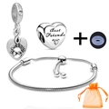 Silver snake chain bracelet set with engraved heart charms and an orange mesh pouch - Best Friends Theme Style (001)