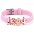 Bracelet en silicone rose avec breloques de voyage en or rose, tour Eiffel et appareil photo - Style Tour et Thème Voyage (011)