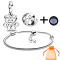 Silver adjustable charm bracelet set with heart paw print pendant and orange jewelry bag - Paw Print Heart Theme Style (007)
