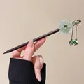 Classic sandalwood hair stick with green flower and golden cicada tassel pendant - Spring Wave Green Flower Tassel Style