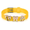 Yellow silicone strap bracelet with rose gold heart, wing and tree of life charms - Map Heart Wings Life Tree (003)