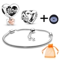 Silver snake chain bracelet set with Mom heart charms and orange gift pouch - Mom Thanks Theme Style (009)