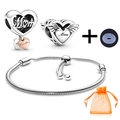 Silver snake chain bracelet set with heart charms engraved Mom and Thanks with pouch - Mom Hollow Heart Style (012)