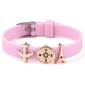 Bracelet ajustable en silicone rose 10mm avec pendentifs et breloques de voyage - Style Boussole et Tour (019)