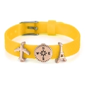 Yellow silicone bracelet featuring rose gold travel charms with plane and compass - Plane Compass Tower (006)