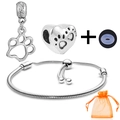 Silver snake chain bracelet set with paw print heart charm and orange organza bag - Pet Paw Print Theme Style (015)