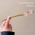 Handcrafted wooden hair stick featuring double pink peach blossoms for Hanfu styling - Peach Blossom Style (1#)