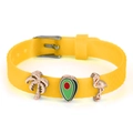 Yellow adjustable silicone bracelet featuring summer palm tree and flamingo charms - Coconut Tree Avocado Flamingo (009)