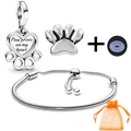 Silver pet charm bracelet set with heart paw print pendant and adjustable snake chain - Paw Prints On My Heart Style (017)