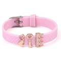Bracelet en silicone rose avec breloques cœur, clé et couronne en strass et boucle - Style Couronne et Clé de Coeur (023)