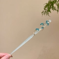 Bamboo-shaped minimalist wooden hair stick with blue enamel leaves and jade texture - Coiled Bamboo Lake Blue Leaves (49#)