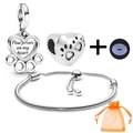 Silver pet themed charm bracelet set with heart paw pendant and orange gift bag - Heart Paw Print Style (018)