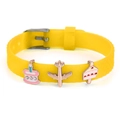 Yellow silicone wristband featuring rose gold enamel cake and airplane charm pendants - Cake Airplane Cake Slice (011)