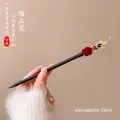 Classic black wooden hair pin featuring a red fabric rose and gold leaf detail, 18cm long - Red Flocked Small Flower (10#) / 18cm