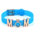 Blaues Silikonarmband mit rotgoldenen MOM-Perlen und funkelndem Strass-Ring - MOM Buchstaben Stil (021)