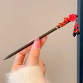 Chinese wood hair pin with red resin rose and black beads tassel for Hanfu outfits - Red Small Flower Black Bead (6#)