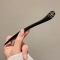 Handmade black wood hair stick with a dark rose flower and pearl inlay for Hanfu style - Golden Camellia - Black (4#)