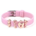 Bracelet ajustable en silicone rose 10mm avec breloques cœur et clé en or rose - Style Serrure de Coeur et Clé Love (028)