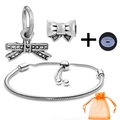 Silver bow heart charm bracelet set with adjustable snake chain and storage pouch - Rhinestone Bow Style (026)