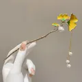 Elegant gold ginkgo leaf hair pin with green enamel and dangling pearl tassels - Ginkgo Leaf Tassel Style (37#)