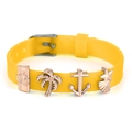 Yellow silicone charm bracelet with rose gold camera and anchor slide charms - Camera Palm Tree Anchor Star Shell (017)
