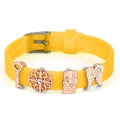 Adjustable yellow silicone bracelet with rose gold key, camera and wing charms - Key Hollow Pattern Camera Wings (020)