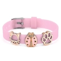 Bracelet en silicone rose réglable avec boucle et breloques animales en or rose - Style Tête de Chat et Coccinelle (034)