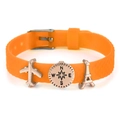 Verstelbare oranje siliconen armband met roségouden vliegtuig- en Eiffeltorenbedeltjes - Vliegtuig Kompas Toren Stijl (006)