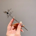 Silver liquid metal butterfly hair pin with black gemstone and lava texture finish - Black Crystal Butterfly Style (2#)