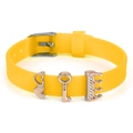 Adjustable yellow 10mm silicone bracelet with heart, key, and crown metal charms - Heart Key Crown (025)