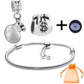 Silver snake chain bracelet set with money bag charm, dollar bead, and mesh gift bag - Money Bag Wealth Theme Style (040)