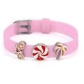 Bracelet réglable en silicone rose de 10mm avec breloques vélo, bonbons et palmier - Style Bonbon et Palmier (038)