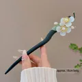 Sandalwood hair stick with white five-petal flowers and 18cm long black wooden body - White Jade Double Orchid Dragon Style (16#) / Black
