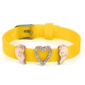 Yellow silicone bracelet featuring rose gold heart charms with Best Friend engraving - BestFriend Rhinestone Heart (030)