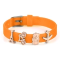 Orange 10mm adjustable silicone bracelet with travel charms featuring Eiffel Tower and camera - Tower Bike Camera Plane Style (015)