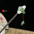 Handcrafted wooden hair stick with golden fan, white petals and green tassel details - Floral Fan Pendant Style (25#) / Dark Brown