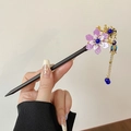 Classic black wooden hair stick with purple flower and blue bead tassel detail - Purple Radiance Style (9#) / Purple