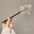 Handmade black sandalwood hairpin with translucent white flowers and golden tassels - Blooming Lotus Tassel Style (12#) / Black