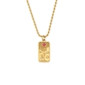 Vintage gold rectangular tarot pendant necklace with red gemstone and rose engraving - Tarot Necklace-Lovers (YLN2943)