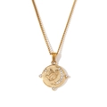 Golden round pendant necklace with embossed bird and white zircon details - Curb Chain Round Tarot Coin Necklace-Gold-Bird (YLN2943)