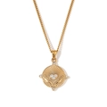 Golden round tarot coin necklace featuring hands holding a zircon heart pendant - Curb Chain Round Tarot Coin Necklace-Gold-Heart (YLN2943)