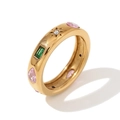 Vintage-Ring mit 18K Vergoldung, rosa Tropfen und grünem Zirkonia im Rechteckschnitt - US 6 / Rechteckiger Tropfen Geometrischer Zirkonia-Stil / Gold
