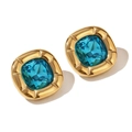 Retro square earrings in 18K gold plated steel with deep blue square cut zircon stones - Stud Earrings / Gold - Blue Rhinestone